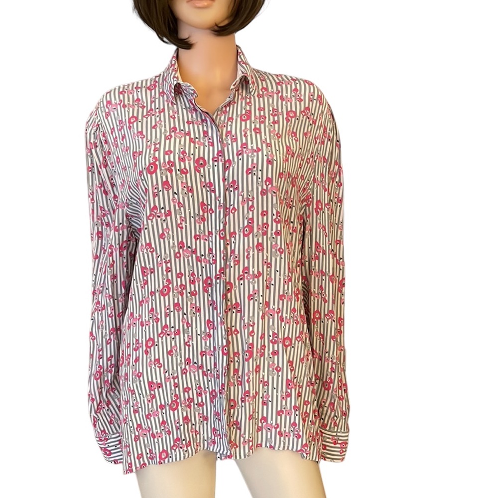 Vintage Mondi Gray Stripe Pink Floral Blouse Made In Germany